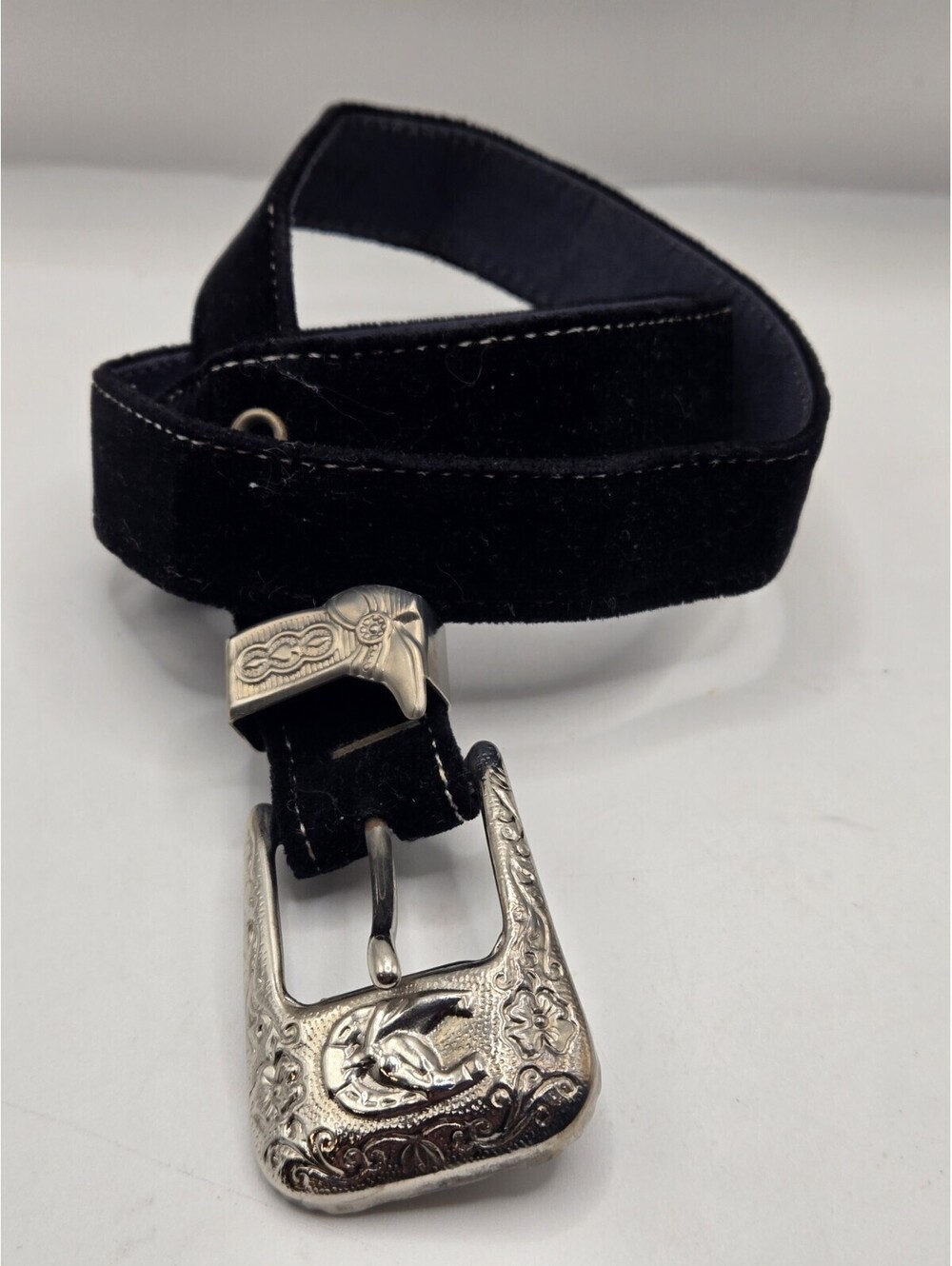 VTG Brighton Bag A Belt XS Black Velvet Ranger Silver Tone Horse Buckle 24 In